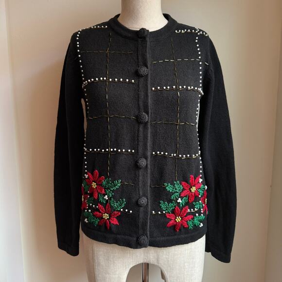 White Stag Black Poinsettia Embroidered Holiday Cardigan Women’s Small - Picture 3 of 12